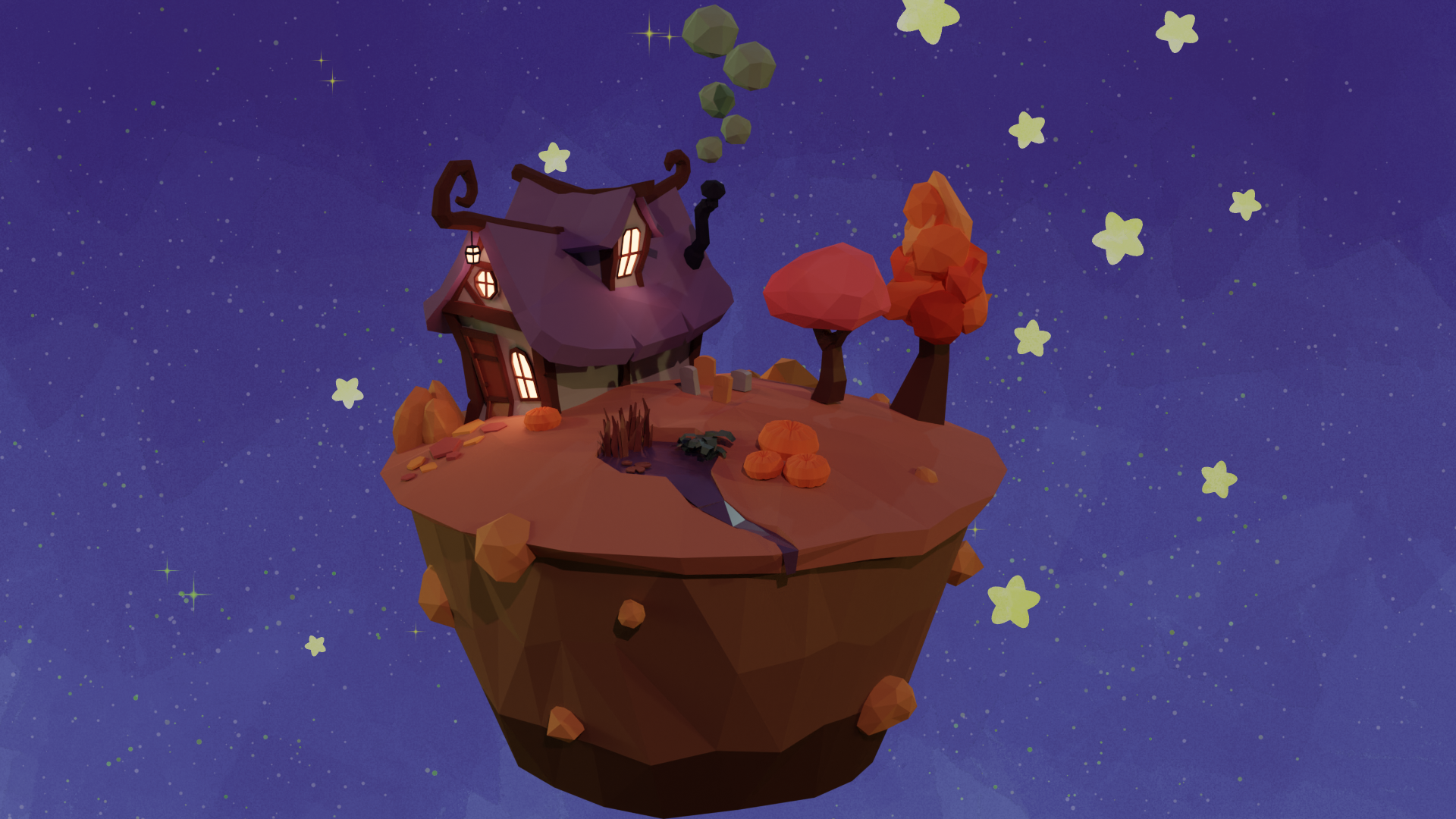 A cute little witch house on a floating island.